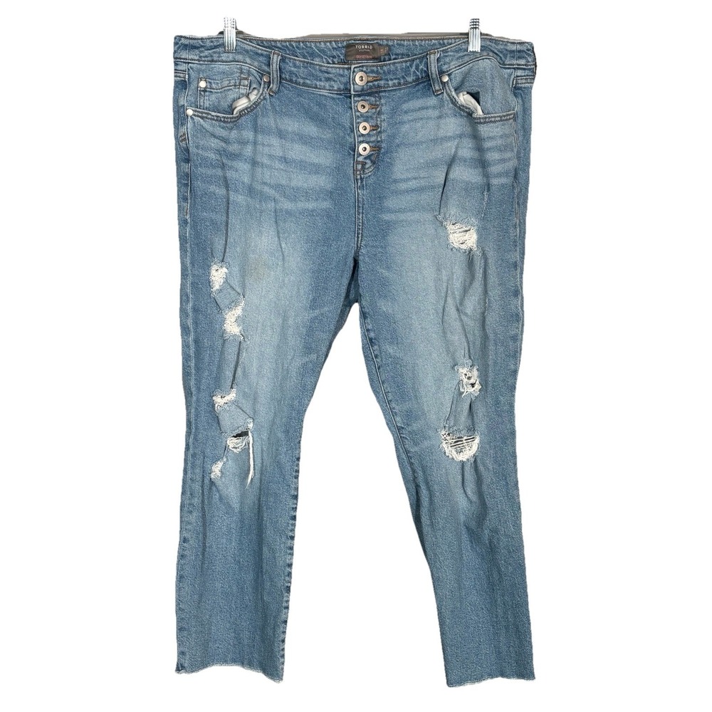 Torrid Crop Boyfriend Jeans Womens Size 18 Medium Wash Distressed Button Fly